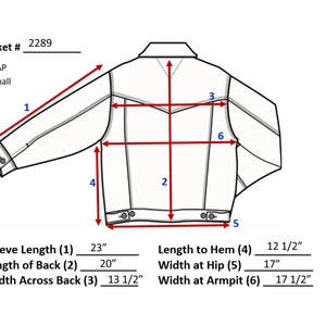May include: A white jacket with measurements for sleeve length, length of back, width across back, length to hem, width at hip, and width at armpit. The measurements are in inches.