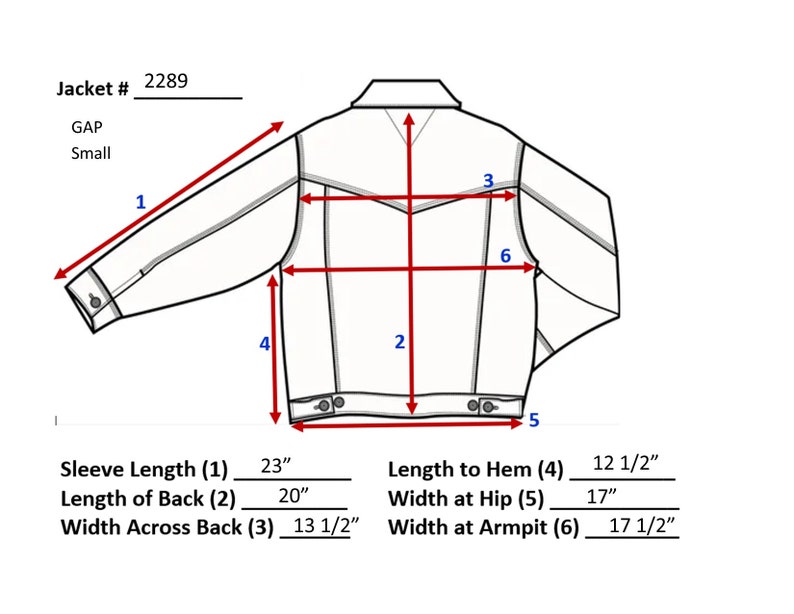 May include: A white jacket with measurements for sleeve length, length of back, width across back, length to hem, width at hip, and width at armpit. The measurements are in inches.