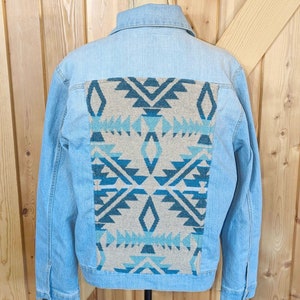 Ladies Western Denim & Wool Jacket, Cowgirl Coat, Custom Jean Jacket, Denim and Wool Coat, Aztec Southwest Size Lg #2319