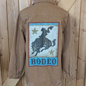 Abrigo vaquero largo con clase de estilo occidental para mujer, chaqueta vaquera de rodeo personalizada, abrigo camisero desgastado, chaqueta vaquera con parches, estilo vaquera elegante, talla XL n.° 2326