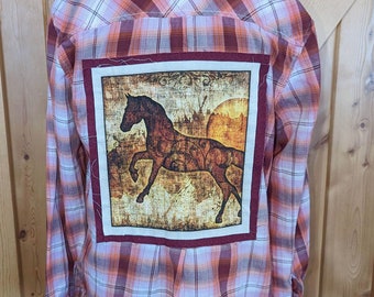 Western Flannel Shirt,  Custom Retro Plaid Flannel Shirt with Horse Back Patch, Size 12/14 #2247