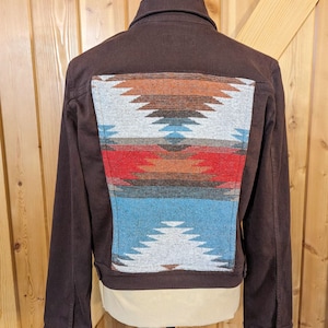 Custom Western Denim Jacket, Cropped Cowgirl Coat, Women&#39;s Jean Jacket, Colored Denim and Wool Jacket, Aztec Southwest Size Lg #2282