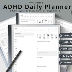 Remarkable 2 ADHD daily planner 2024 with 3 Daily Layouts | Classic Layout | Time-Block Layout | Task-Focus Layout | 3000+ free Stickers