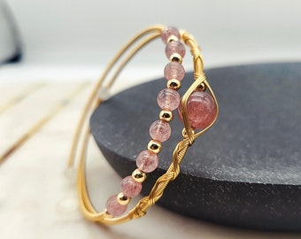 Pulsera de cuentas Fidget chapada en oro de 14k hecha a mano, pulsera de cuarzo rosa fresa, piedra preciosa calmante para mujeres, pulsera de cristal de ansiedad ajustable