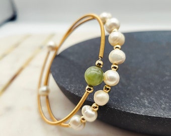 Pulsera Fidget chapada en oro de 14k con cuentas hecha a mano, jaspe verde y pulsera de perlas naturales, piedra preciosa calmante para mujeres, cristal de ansiedad ajustable