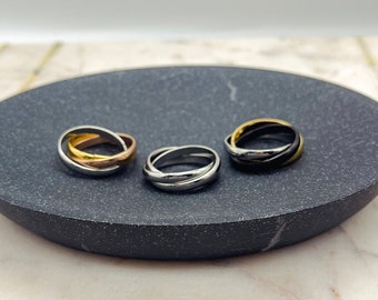 3-lagiger, verschiebbarer Sorgen-Fidget-Ring für Frauen, silberner, wasserdichter Edelstahl-Angst-/ADHS-Ring, Stressabbau-Gold- und Schwarz-Schiebering