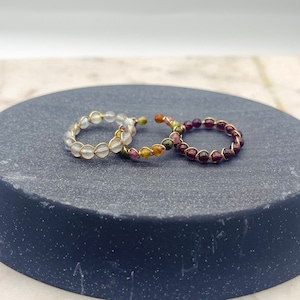 Anillo de oro de 14 k con cuentas para mujer, antiestrés y ansiedad, hecho a mano, con piedras preciosas de labradorita, turmalina y granate