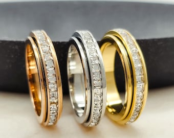 Spinner-Ring, Kristall-Angstring für Frauen, Titanstahl, Silber-Zappelring, hilft bei Sorgen, Stress, ADHS, rotierender Goldring, rotgoldener Spin-Ring