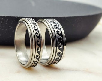 Spinner Ring Sea Wave Anxiety Ring voor mannen en vrouwen, Zilveren Fidget Ring helpen zorgen Stress ADHD, Roterende Spin Ring