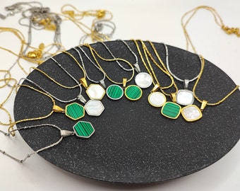 Zeshoekige / ronde / vierkante hanger ketting voor vrouwen, groene pauwsteen vergulde ketting, zilveren roestvrijstalen witte stenen ketting