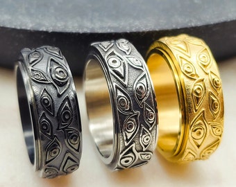 Spinner Ring Evil Eyes Anxiety Ring for men & women, Silver Fidget Ring help Worry Stress ADHD, Gold Rotating Spin Ring