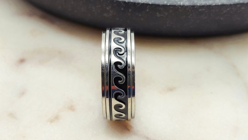 Spinner Ring Sea Wave Anxiety Ring voor mannen en vrouwen, Zilveren Fidget Ring helpen zorgen Stress ADHD, Roterende Spin Ring afbeelding 6