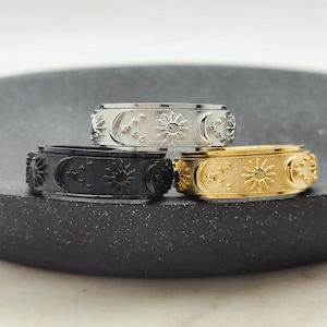 Prominent Shapes Spinner Ring Sun, Moon & Stars Anxiety Ring for woman, Silver Fidget Ring help Worry Stress ADHD, Gold Rotating Ring, Black