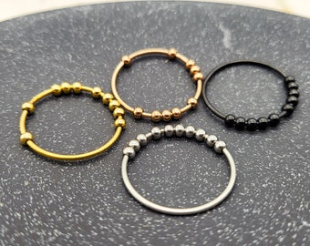 Sorgen-Fidget-Ring, Angst-Perlen-Silberring für Frauen, wasserdichter Edelstahl-Angst-ADHS-Ring, Stressabbau-Ring, Gold-Spin-Ring