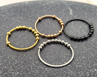 Sorgen Fidget Ring, Angst Perlen Silber Ring für Frauen, wasserdichte Edelstahl Angst ADHS Ring, Stressabbau Ring, Gold Spin Ring