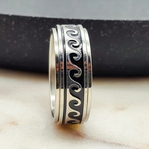 Spinner Ring Sea Wave Anxiety Ring voor mannen en vrouwen, Zilveren Fidget Ring helpen zorgen Stress ADHD, Roterende Spin Ring afbeelding 5
