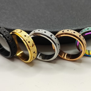 Unique Spinner Moons + Stars Anxiety Ring for men & women, Silver Fidget Ring help Worry Stress ADHD, Gold Rotating Ring, Rainbow Spin Ring
