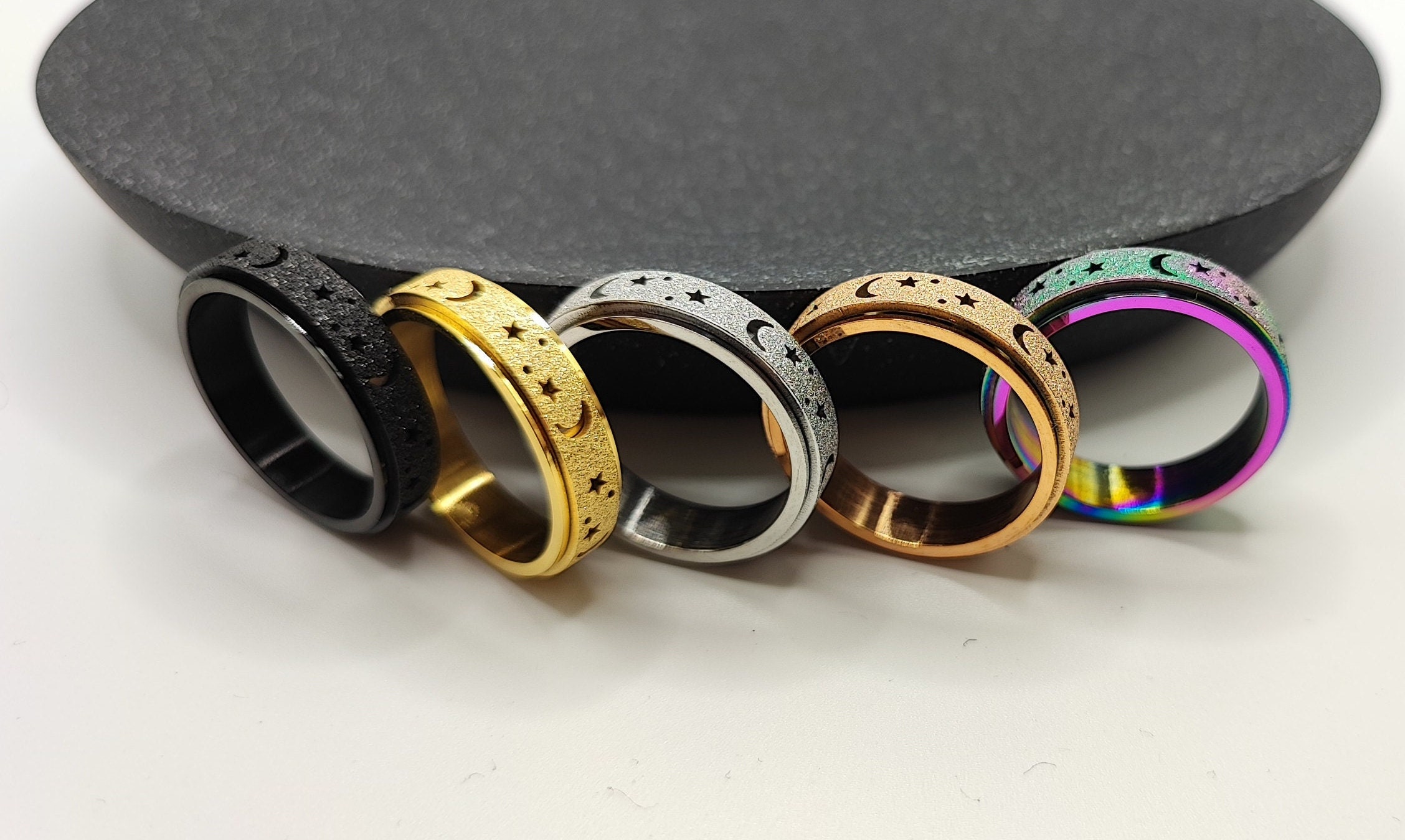 Unique Spinner Moons + Stars Anxiety Ring for men & women, Silver Fidget Ring help Worry Stress ADHD, Gold Rotating Ring, Rainbow Spin Ring