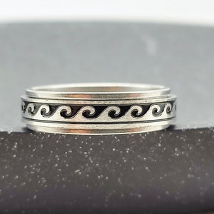 Spinner Ring Sea Wave Anxiety Ring voor mannen en vrouwen, Zilveren Fidget Ring helpen zorgen Stress ADHD, Roterende Spin Ring 6 mm