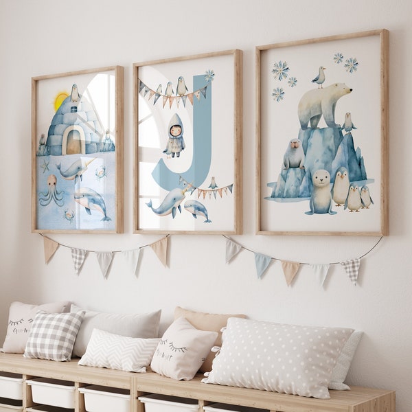 Set of 3 Arctic Personalised name Print, Arctic Nursery Wall Art, Nursery Child Kids Decor, Digital Download