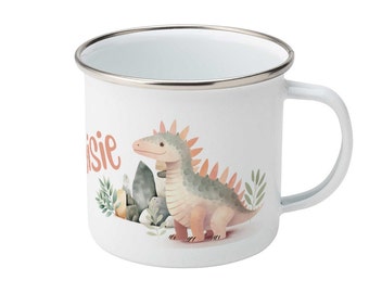 Kid's Personalised Enamel Mug | Dinosaur theme | Birthday Gift | Cute cup | Present | Hot Chocolate Cup | Camping Mug | PERSONALISED