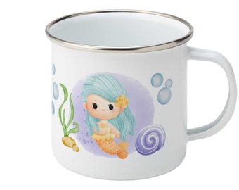 Kid's Personalised Enamel Mug | Mermaid theme | Birthday Gift | Cute cup | Present | Hot Chocolate Cup | Camping Mug