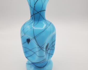 Fenton Art Glass Blue "Hanging Hearts" Pinch Vase by Robert Barber 1976
