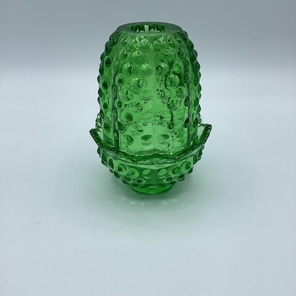 Vintage Fenton Art Glass Green Hobnail 2 Piece Fairy Lamp