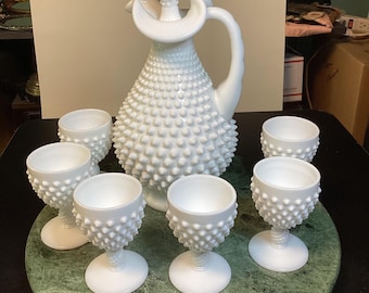 Fenton White Hobnail Wine Decanter Set With 6 Matching Goblets