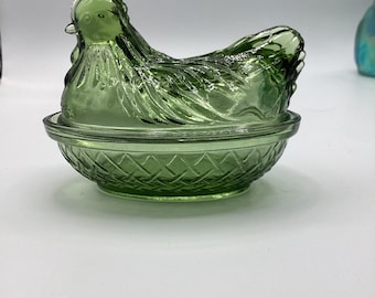 Vintage Hazel Atlas Green Glass Hen on a Nest