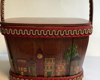 Vtg Basketville Putney Vermont Hand Painted City Scene Woven Wooden Box Purse