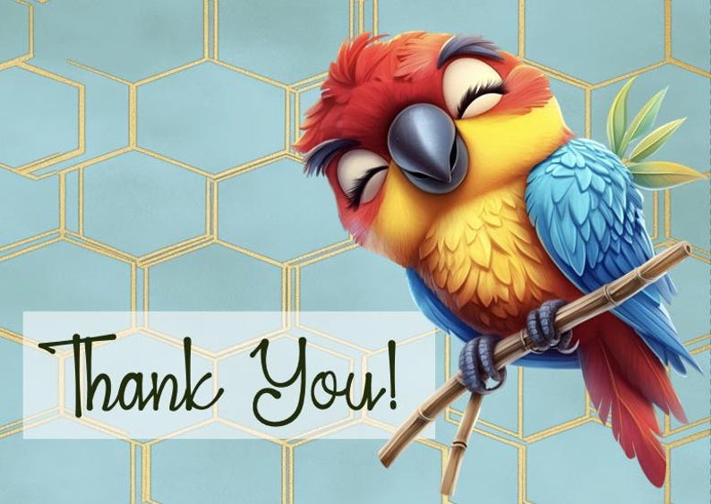 May include: A digital illustration of a colourful parrot perched on a branch, with closed eyes and a serene expression. The parrot has red, yellow, and blue feathers. The words 