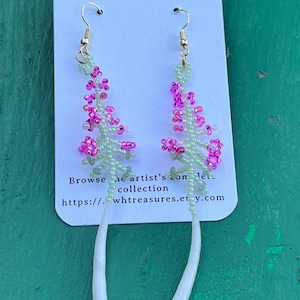 Dentalium shell fireweed themed earrings Fucia, dark pink, white and  light green.