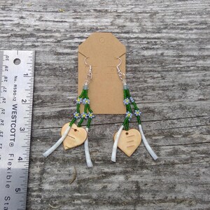 Dentalium shell Alaskan birch bark heart forget me not themed dangle drop earrings