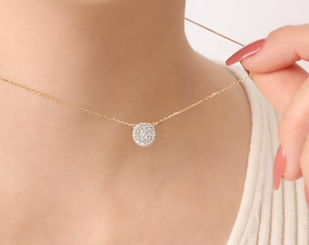 Dainty Pave Disc Necklace CZ Diamond Charm Necklace for Women Minimalist Gift
