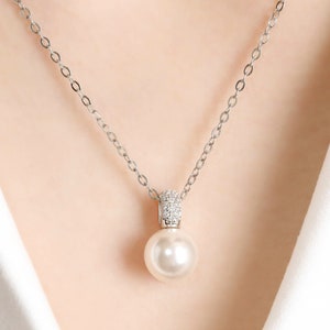Pearl Necklace Sterling Silver White Pearl Crystal Necklace for Wedding Bridal Pearl Jewelry Bridesmaids Mother's day Gift for Her