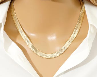 Gold Herringbone Chain Necklace Flat Snake Layering Necklace Minimalist Gift for Her