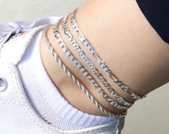 Silver Anklet Set 4Pack Mariner Cuban Figaro Rope Chain Ankle Bracelet for Women