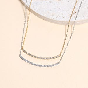 Dainty Curved Bar Necklace Gold CZ Bar Pendant Minimalist Jewelry Gift for Her