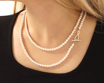 White Pearl Toggle Necklace Silver Long Layered Pearl Necklaces Statement Jewelry for Women Gift