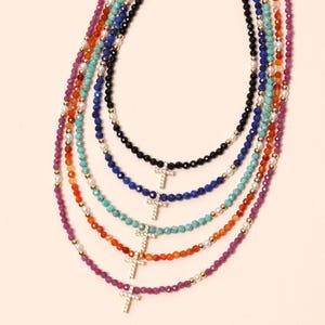 Dainty Cross Necklace Colorful Gemstone Beaded Necklaces Cross Choker Religious Gift for Her