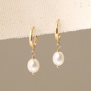 Dainty Pearl Dangle Earrings Gold Freshwater Pearls Huggie Hoops Minimalist Gift for Her