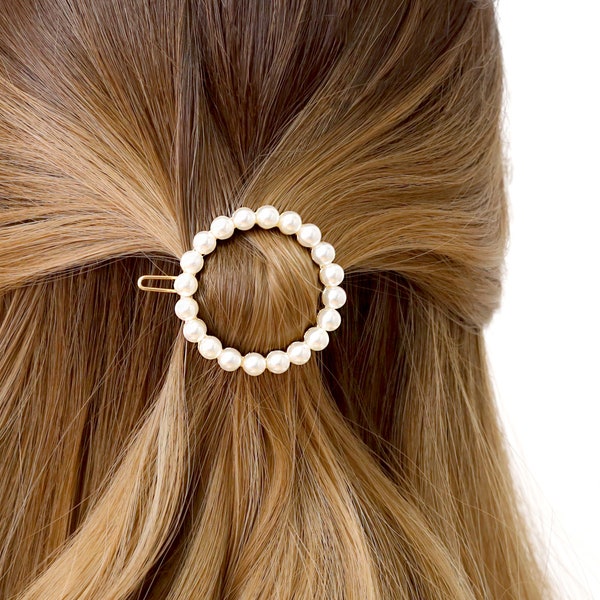 Round Pearl Barrette, Pearl Hair Clips, Circle Barrettes, Minimalist Hairpins, Hair Accessory For Thick Hair, Hair Gifts for Her