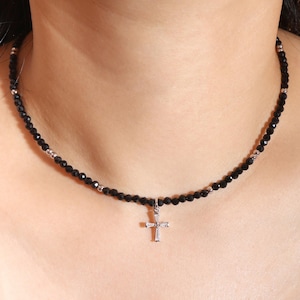 Small Cross Necklace Dainty Black Beaded Necklace Gemstone Boho Choker 16&quot; White Gold Cross Charm Religious Jewelry Gift for Her