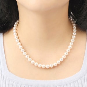 Pearl Necklace 8MM Round White Pearl Choker Sterling Silver Classic Handmade Necklace for Bridal Wedding Jewelry Gift for Her Hypoallergenic