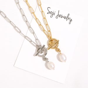 Pearl Drop Necklace Paperclip Chain Toggle Necklace 14K Gold Plated Freshwater Pearl Layering Necklace Natural Pearl Jewelry Gift for Her