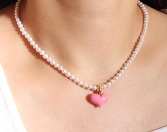 Colorful Heart Necklace White Pearl Beaded Necklace for Women Y2K Trendy Jewelry Gift