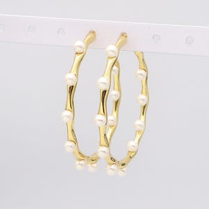 Pearl Hoop Earrings Gold Plated White Pearl Hoops Medium Hoops Circle Earrings Statement Earrings Pearl Jewelry Gift for Besties