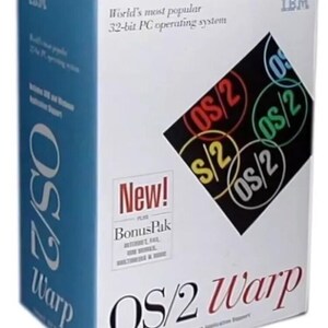 May include: A white and blue IBM OS/2 Warp software box. The front features a black diamond with four colorful OS/2 circles, the text New! BonusPak, and the title OS/2 Warp. The side panel displays the IBM logo and the text OS/2 Warp vertically.