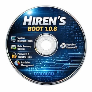 Puede incluir: Un CD circular Hiren's Boot 1.0.8 con un fondo de placa de circuito digital azul. El disco presenta texto que incluye System Diagnostic Tools, Data Recovery Utilities, Password & Registry Tools, Partition Management y Bootable Rescue CD.